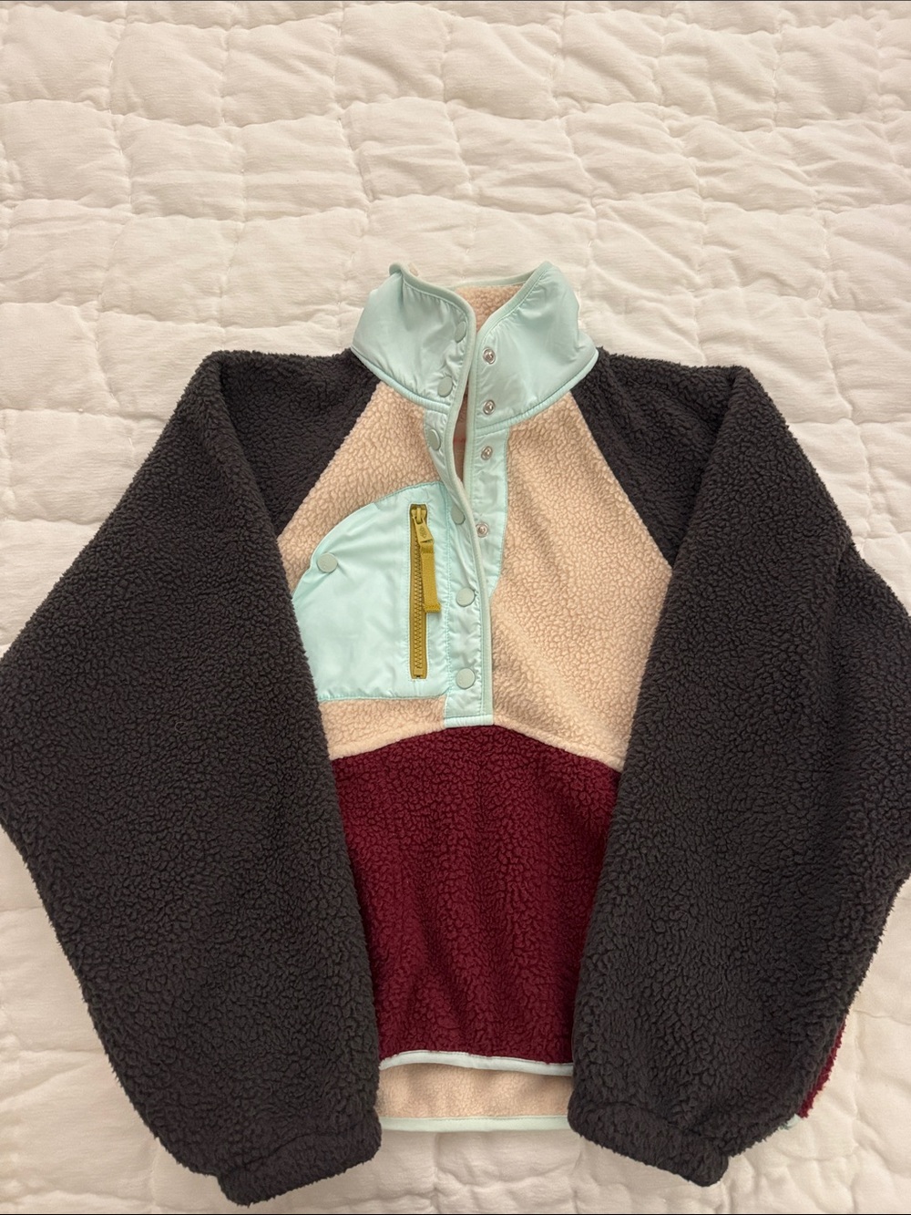 Free People Cream Sherpa Pullover with Mint Trim